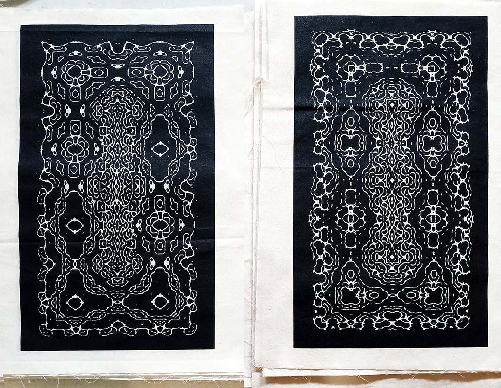 Photo of screen print of Video feedback generated tarrot card graphic representing four Arcana by Merlyn Chipman